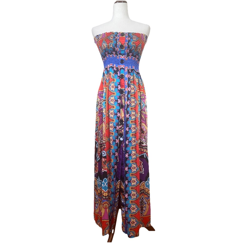 Vintage Cache Silk Maxi Dress Women's Size Medium Multicolored Full Button Front